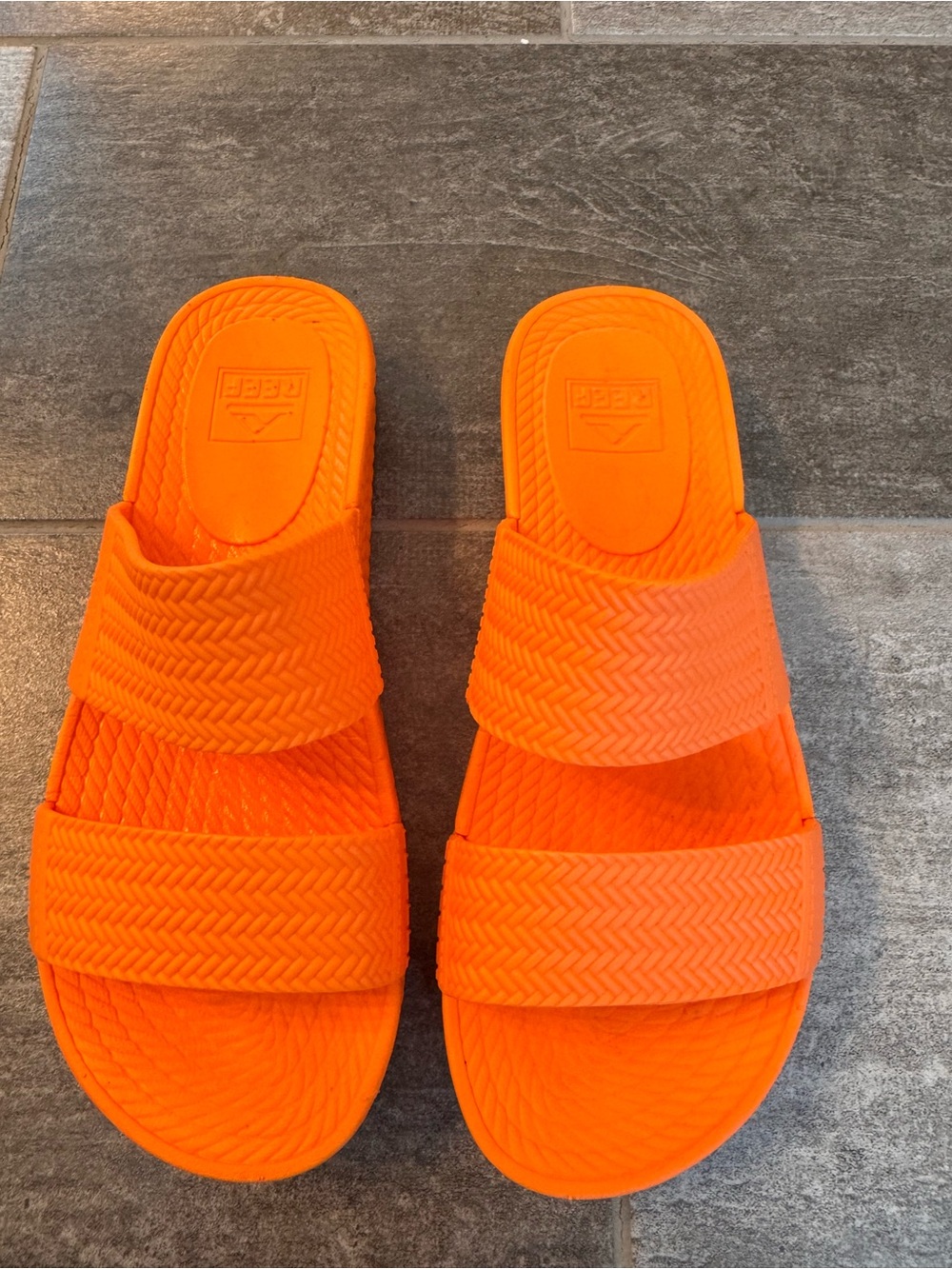 Reef Bright Orange Slide Sandals, two strap, platform, chevron pattern
